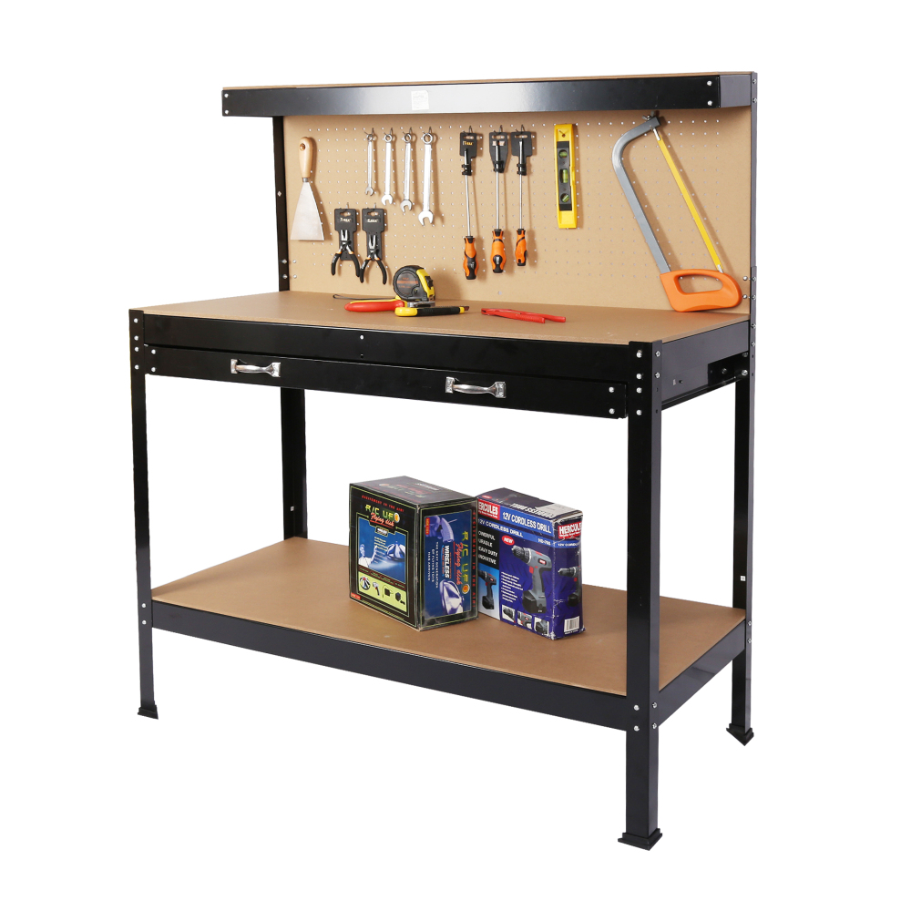 Workshop Tools Bench - โต๊ะทำงานเหล็กพร้อมที่เก็บเครื่องมือ โต๊ะทำงานในโรงงาน พร้อมลิ้นชักและแผงแขวนเครื่องมือ ขนาด 63 นิ้ว