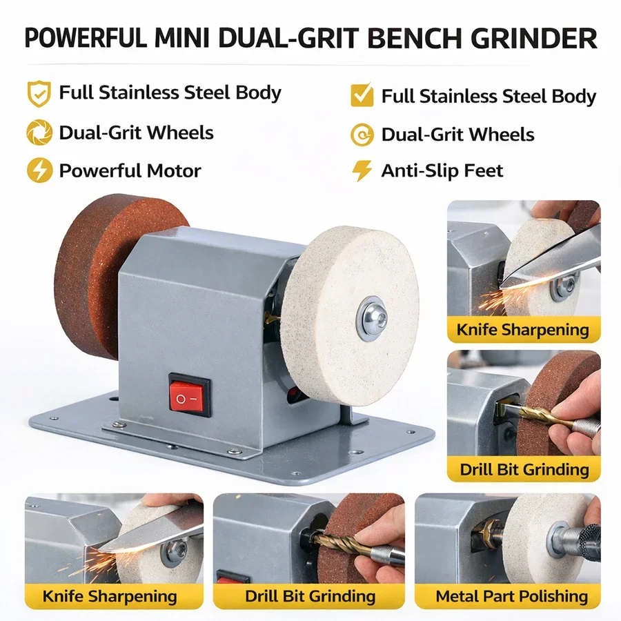 Workshop Tools And Equipment - เครื่องเจียรไฟฟ้าขนาดเล็ก, ตัวเครื่องสแตนเลส, ล้อหยาบและละเอียด, เครื่องมืออเนกประสงค์สำหรับงานเจียร